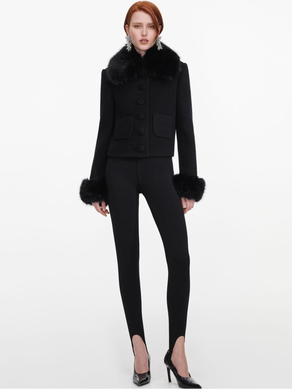 NWOT Self-Portrait BLACK WOOL FUR CUFF JACKET